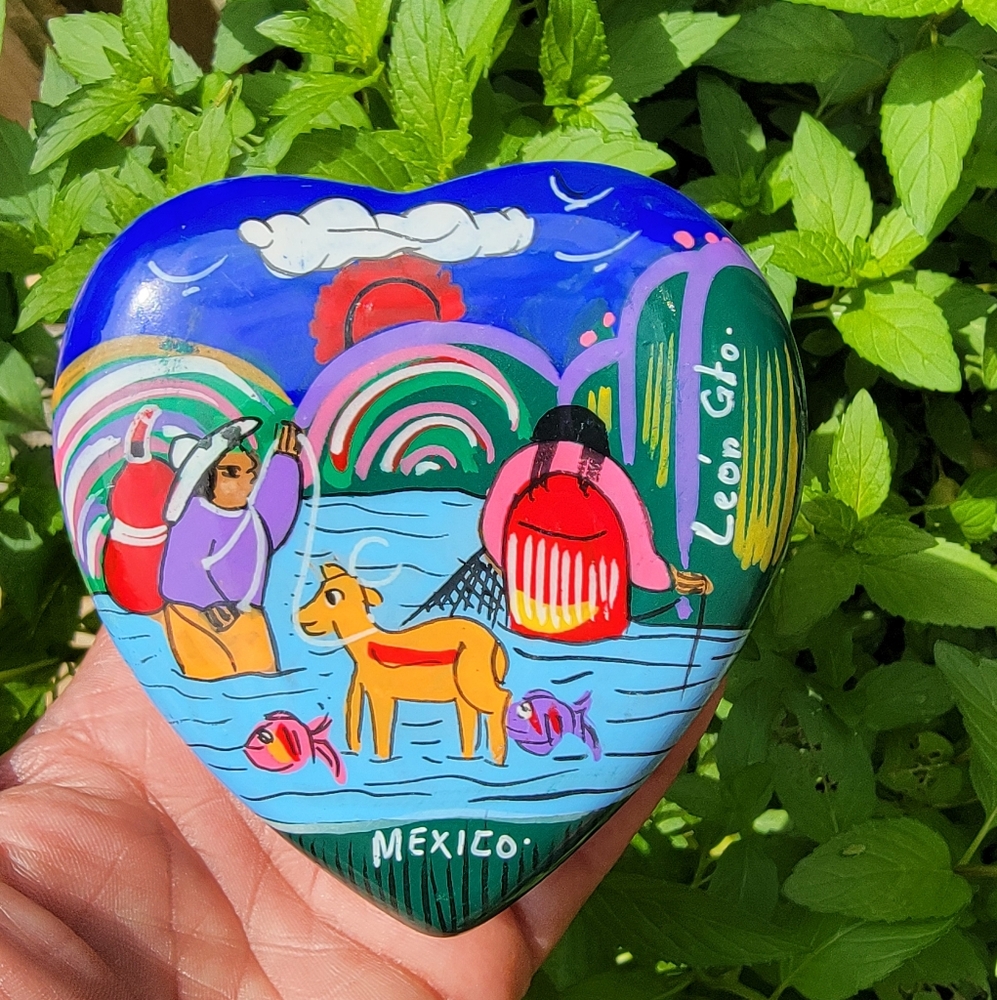 Handcrafted Colorful Heart-Shaped Ceramic Art Trinket Dish From Mexico.